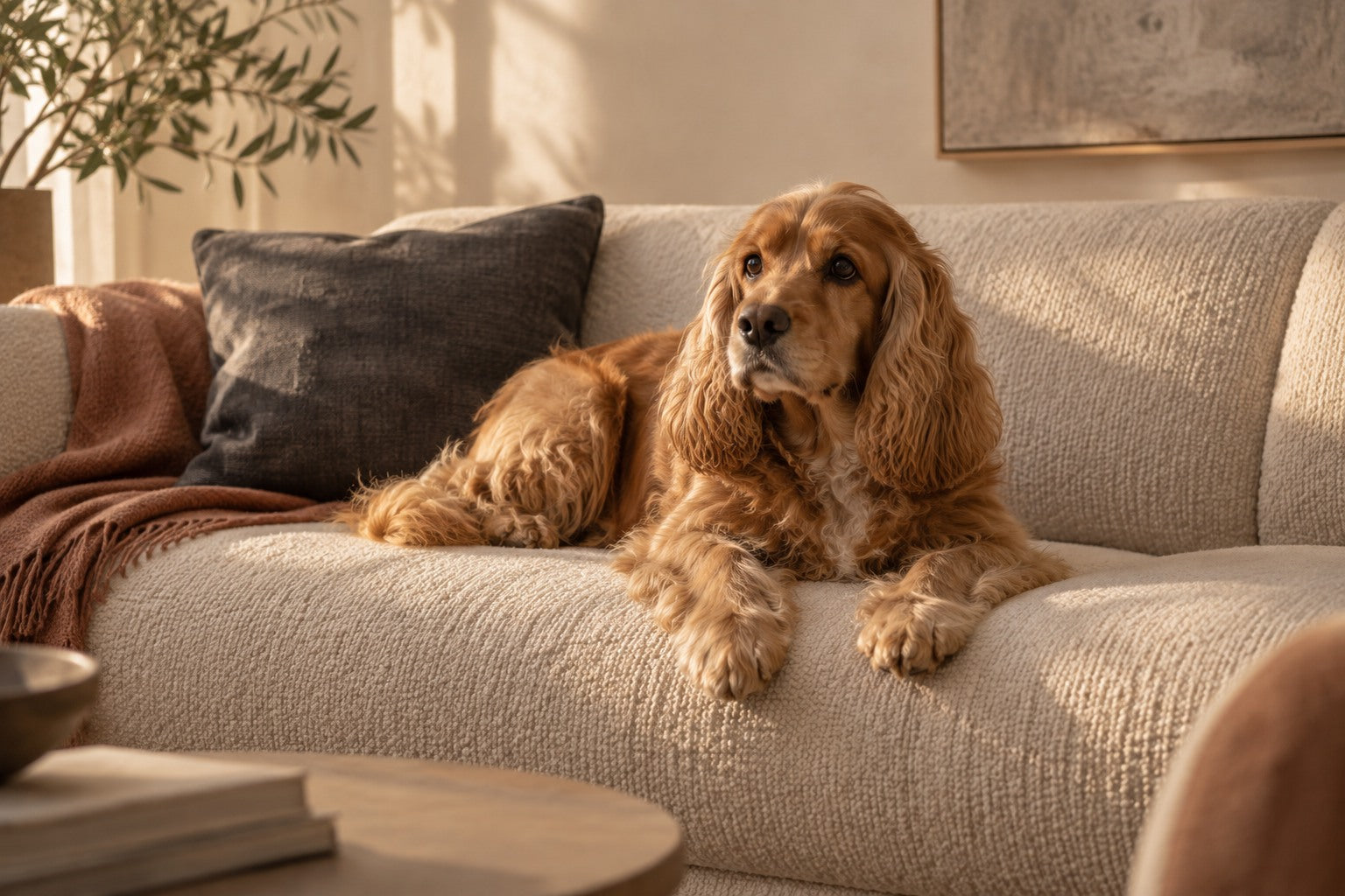 A dog relaxing on a light sofa at home